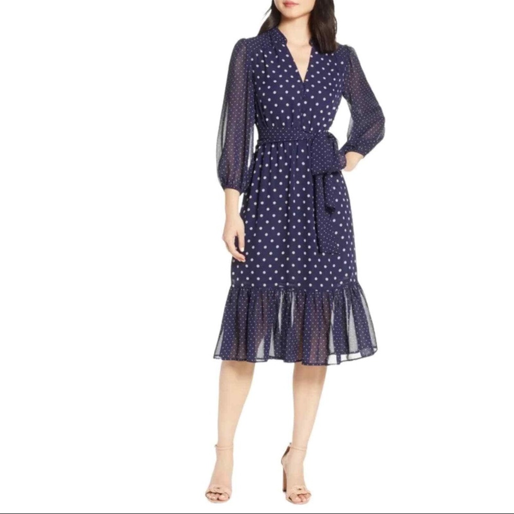 Eliza J Navy Polka Dot Long Sleeve Chiffon MIDI Dress